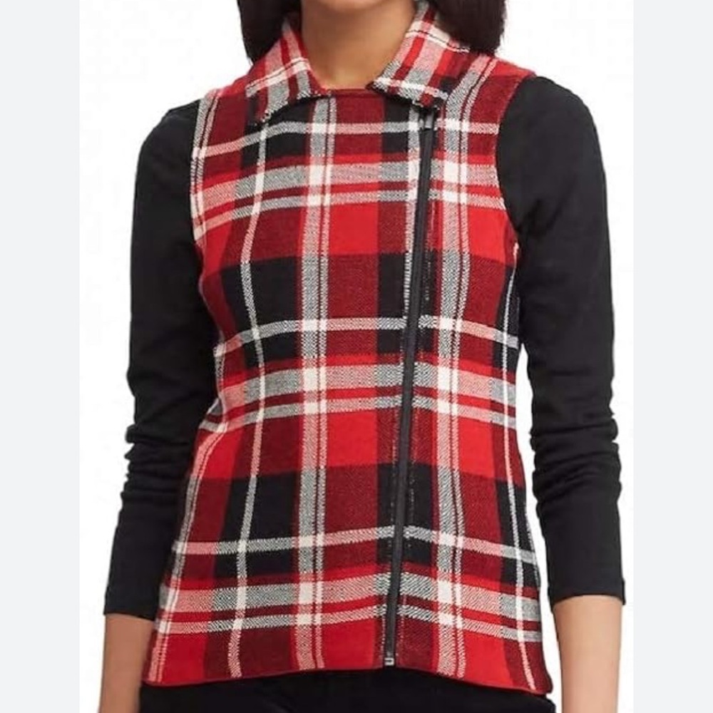 Chaps red plaid zip up knit vest Size XL